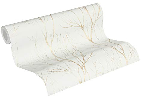 A.S. Création Blooming Vliestapete 10,05 m x 0,53 m mit glänzendem Baummotiv - Beige, Creme, Metallic - Wald-Motivtapete im Metallic-Look Made in Germany - 372603
