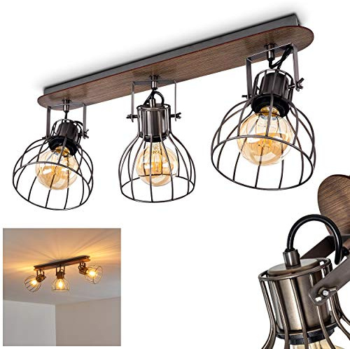 HOFSTEIN Deckenleuchte Bitterroot, verstellbare Deckenlampe aus Holz/Metall in Natur/Grau, moderne Leuchte mit tollem Lichteffekt durch Gitter-Optik, 3xE27, Wohnzimmer, Esszimmer, Schlafzimmer, Küche