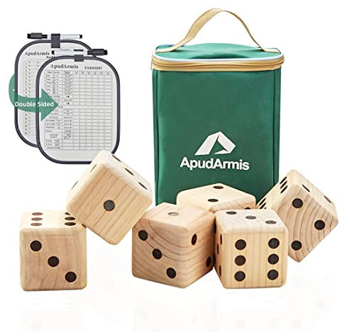 ApudArmis - Gioco gigante di dadi in legno di legno per cortile, set da 3,5 cm, con tabellone segnapunti, borsa per il trasporto, in legno di pino gigante, set da 6 dadi, per bambini e adulti