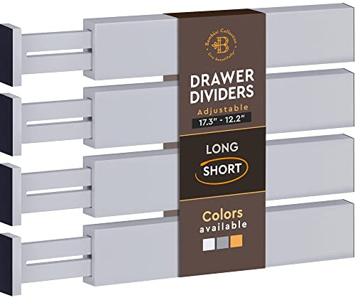 Separadores de cajones ajustables de bambú – Separadores grandes ampliables para cocina, aparador, dormitorio, cajón de bebé, baño y oficina, juego de 4 (2.6 de alto, 13-17.5 pulgadas, gris)