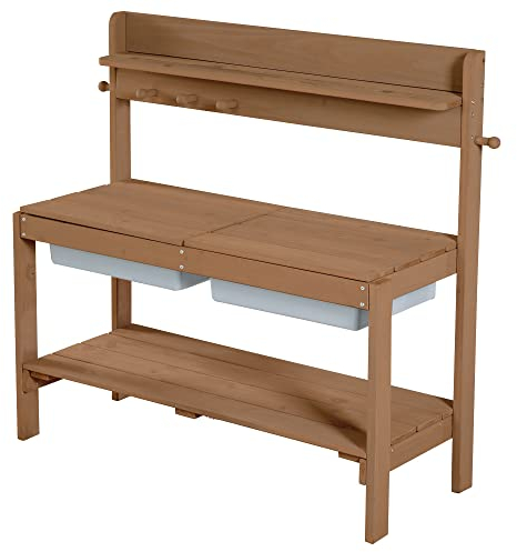 roba Cuisine Sable et Eau en Bois Massif Fun + 2 Bacs en Plastique et 2 Couvercles Amovibles - de 18 Mois à 8 Ans - Table Boue pour Jeux d'Extérieur - Lasuré Teck