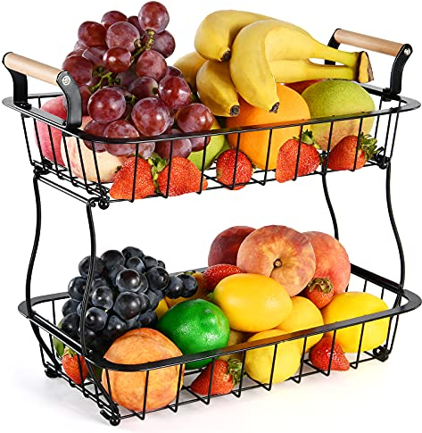 Canasta de frutas de 2 niveles para encimera de cocina, cuenco de frutas para vegetales, soporte, canasta de alambre rectangular de metal, almacenamiento para frutas, bocadillos, cocina