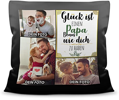 Kissen selbst gestalten Satin - mit 3 Fotos bedrucken - Glück ist einen Bonuspapa wie dich zu haben - Geschenk Vatertag Geburtstag Weihnachten - Fotokissen satiniert inkl. Füllung, 40x40 cm