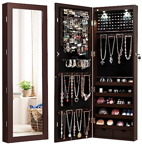 GOPLUS Armoire à Bijoux Murale avec Lumières LED et Miroir, Rangement avec Miroir Plein Longueur sur le miroir, Autoportante Verrouillable avec Crochet de Collier, avec Serrure et Clés (Brun)