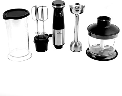 Karaca Inox Noir Mixeur plongeant 4 lames, hachoir, double batteur, bol mélangeur 800 ml, bol hachoir 500 ml, 1000 watts, Délicieux mélanges, Puissant, Fonction turbo