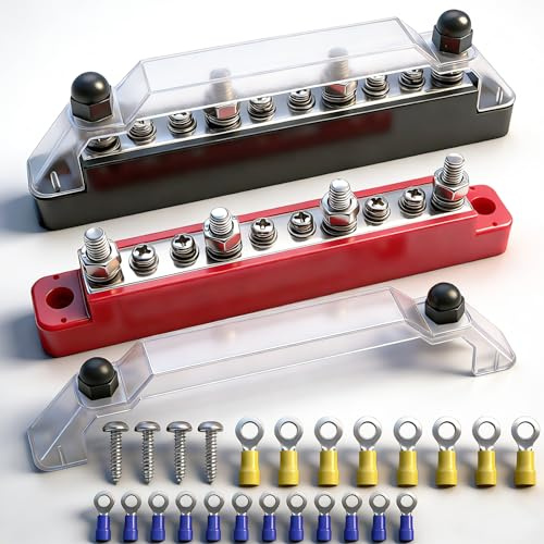 Aienxn 150A 12V Bus Bar Marine, 1/4 blocco di distribuzione dell'alimentazione, barra bus batteria, morsettiera per auto e barca, 4 x 1/4 (M6) montanti, 6 x #8 (M4) morsetti (nero + rosso)