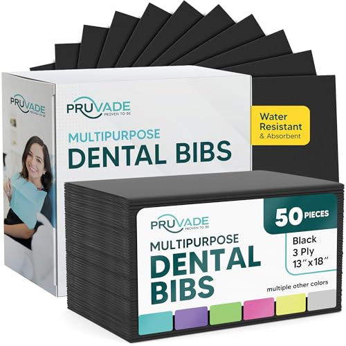Pruvade Dental Bibs - 50 Pack Adult Disposable Bibs 3-Ply for Dentist, Eating, Tattooing - 13 x 18 Waterproof Medical Sheets for Piercing, Tattoo Table Station, Nail Techs, Patient Hygiene - Black