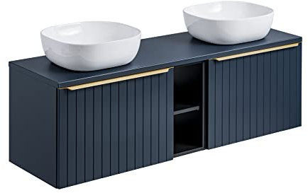 PIASKI Mobile lavabo doppio con piano Santa FE Deep Blue, mobile lavabo con scaffalatura, mobile lavabo sospeso, colore blu marino (con ripiano)