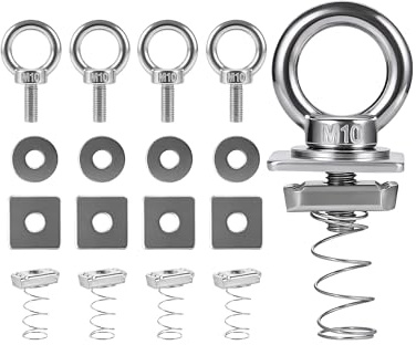 Strut Channel Nut and Eye Bolt Set (Pack of 4) - Heavy Duty Stainless Steel Eye Bolts 3/8-16 | Zinc Plated Spring Nuts (M10, Long Spring) for Unistrut