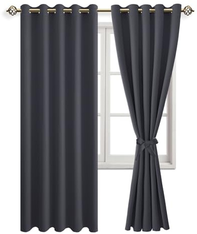 JIUZHEN Vorhang Blickdicht mit Raffhalter Verdunkelungsvorhänge Thermogardine Ösen Gardinen Ösenvorhang für Schlafzimmer Wohnzimmer, Dunkelgrau, 2 Stück, 228x167cm(HxB)