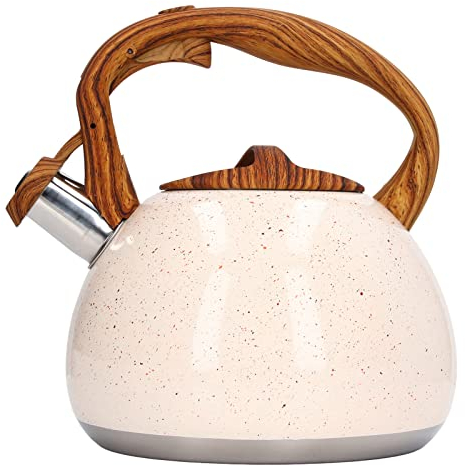 HERCHR Bouilloire à thé sifflante de 2,7 pintes, bouilloires à thé en Acier Inoxydable, théière Blanche, théière avec Manche en Bois pour thé, café, Lait