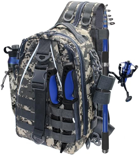 DEILAI Angelrucksack, leichte Angeltasche mit viel Stauraum, Angelbox-Rucksack mit Rutenhalter zum Fliegenfischen und Geschenke für Männer und Frauen, Grau