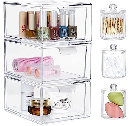 Greentainer 3Pack Stapelbare Aufbewahrungsschubladen mit 3 Qtip Halter,Transparente Acrylic Drawer Organiser mit Griffen für Badezimmer,Schminktisch,Schreibtisch,Make-up,Kosmetik-Organizer-Schubladen