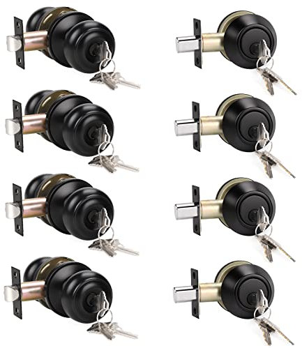 KNOBWELL 4 Stück Eingangstürknauf und Einzylinder-Riegel-Kombi-Set, mattschwarze Außentürknäufe mit Schloss und Schlüssel für Eingang und Haustür, gleichschließend runder Türknauf und Riegel