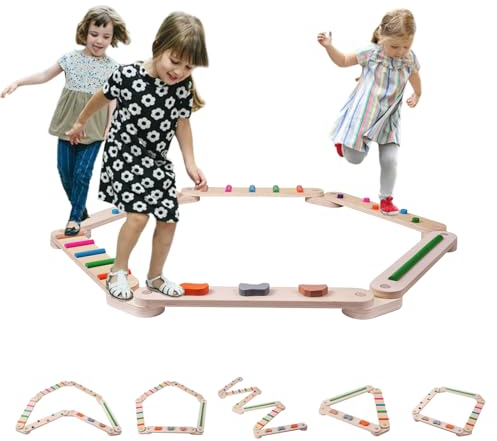 Sinbide Holz Kleinkinder Schwebebalken, Balancierbalken mit farbigen Hindernissteinen, Balance- und Sinnestraining, Holz-Balance-Board für Kinder, Spielzeug Indoor & Outdoor