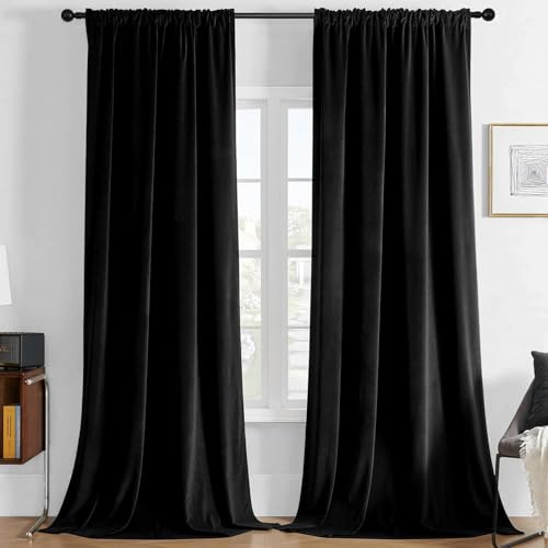 Joydeco Tende per Interni Velluto Oscuranti L 132 x A 260 Termiche Tenda con Tasca Termica per Interni 2 Pezzi Oscurante Anelli per Interni Nero