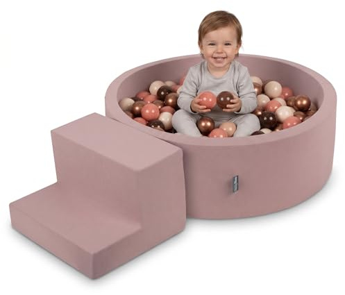 KiddyMoon Spielplatz mit bällebad 90x30cm und stüfchen 200 Bälle 7cm Schaumstoff ballgrube für Baby und Kleinkinder - Erikafarben: Braun Kupferrot Pastellbeige Lachsfarben