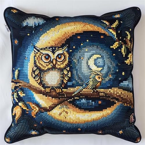 kitphoenix Knüpfkissen Set Eule Latch Hook Kissen Kit für Kinder oder Anfänger Erwachsene zum Selber Knüpfen, DIY Knüpfteppich Knüpfpackung, Knüpfhaken Set 43 x 43 cm