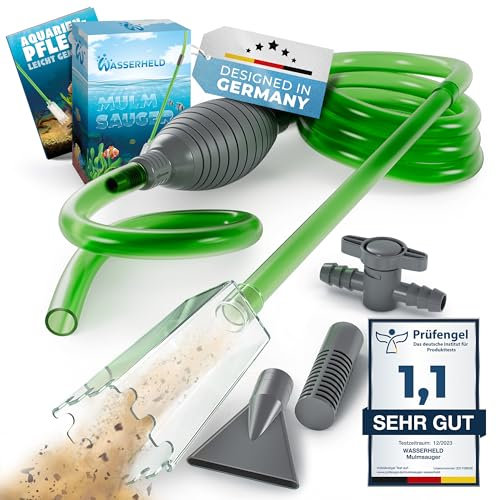 WASSERHELD - Mulmsauger Aquarium mit 3 Aufsätzen - Aquarium Wasserwechsel [3M Schlauch] - Aquarium Reinigungsset & Aquarium Sauger für Kies und Sand mit Schlauchventil - Aquarium Zubehör inkl. Buch