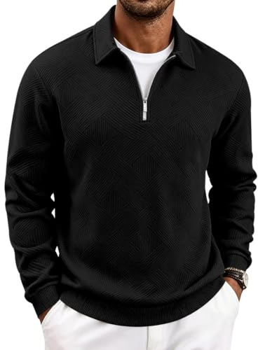 MakingDa Men's Knitted Polo Shirt Long Sleeve Retro Jacquard Smart Casual Zip-up Neck Knitwear Top