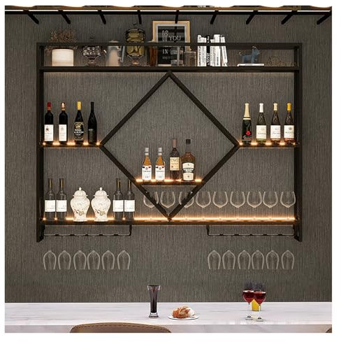 AKOGG Portabottiglie da Parete Elegante in Metallo con Supporto in Vetro E Portabicchieri - Scaffale Galleggiante per Vino E Champagne per Cucina, Bar E Cantina(Black,120x15x80cm)
