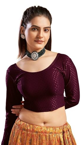 themilestocks Women's Blouses Readymade Gold Stretchable Saree Crop Top Choli Free Size Long Sleeve