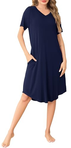 Wikoan Camicia da Notte Donna con Scollo a V Camicie da Notte Morbide Estive Camicie da Notte a Maniche Corte Pigiama da Notte,Blu Navy,XXL