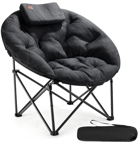 EVER ADVANCED Lyxig Moonchair XXL campingstol vikbar 150 kg lastbar rund fällstol tjock vadderad, överdimensionerad campingfåtölj extra bred för utomhus camping trädgård balkong inomhus, svart