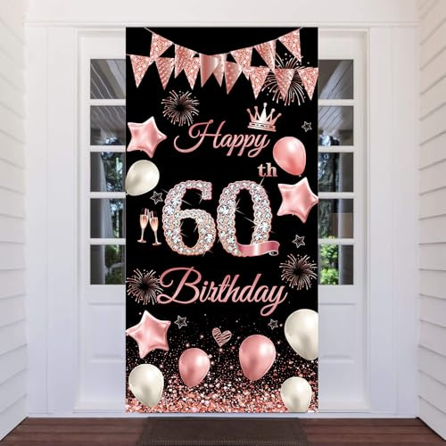 60. Geburtstag Banner, 60 Jahr Geburtstag Deko Tür Hintergrund für Frauen Männer, 60 Geburtstag Party Dekoration Türbanner für Geburtstagsfeier Willkommensschild, 180 x 90cm (Schwarz Rosa-60)