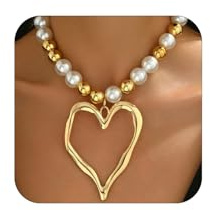 Charm Big Chunky Gold Heart Pearl Beads Necklace for Women, Statement Large Thick Silver Hollow Love Heart Pendant Beaded Chain Choker Necklaces Party Prom Jewelry Gift, L, Metal, No Gemstone