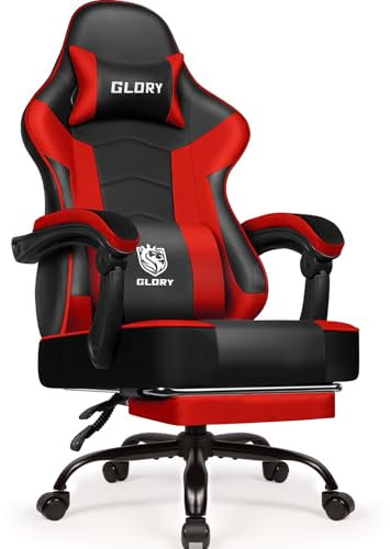 minnouat Gaming Stuhl, Bürostuhl Ergonomisch mit Teleskopische Fußstütze, Gaming Chair mit Kopfstütze und Lendenwirbelstütze, Verstellbarer und drehbarer Gaming Stuhl,150 kg,Rot
