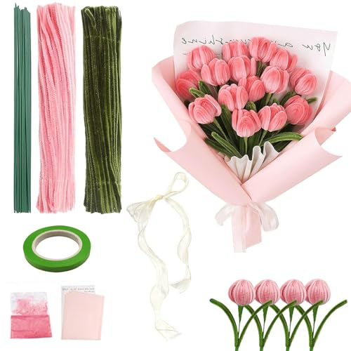 Pfeifenreiniger Blumen Set, 130 Stück Pipe Cleaner Flower Set, DIY Bastelset für Tulpen aus Pfeifenreiniger, Inklusive 100 Rosa und 30 Grüne Pfeifenreiniger, 15 Blumenstiele, Verpackungsmaterial