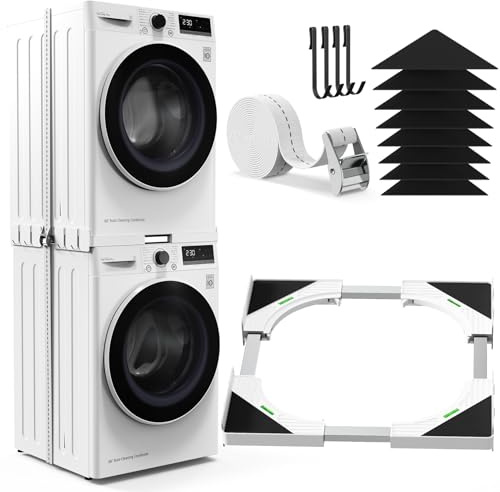 YUZEER Kit de Apilamiento Universal para Lavadora y Secadora, Marco ajustable 45-68 cm, con Cuerda de Trinquete, Almohadillas Antideslizantes y 4 Ganchos para Ahorro de Espacio (Blanco)