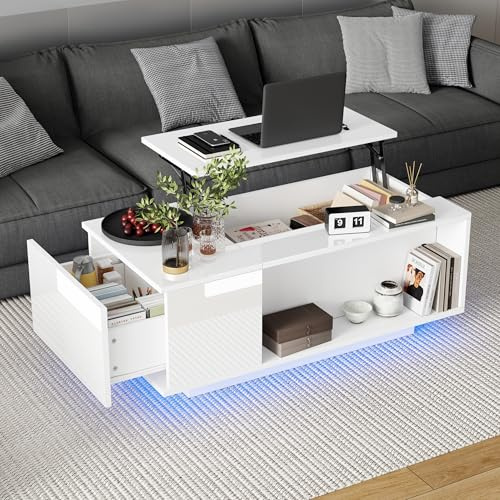 Merax Couchtisch mit Höhenverstellbarer Platte, Modern Hochglanz Wohnzimmertisch mit LED, Sofatisch Kaffeetisch mit Schubladen, Versteckte & offene Stauraum, Rechteckig Mitteltisch Beistelltisch, Weiß