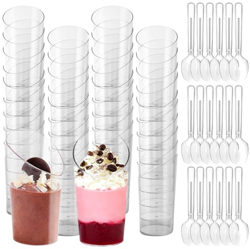Eidoct 50-Pack 75ml Angled Dessert Cups with Spoons - Reusable Hard Parfait Cups for Cheesecake, Pudding, Mousse, Trifles, Jelly & Tiramisu | Clear Round Serving Bowls for Party & Catering