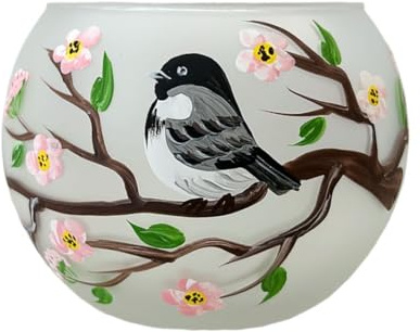 Decorvo Christmas Tea Light Candle Holder Glass - Hand Painted Mouth Blown Glass Candle Holder - Medium, Chickadee