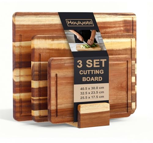 3er Set Schneidebrett Holz, 40,5 x 30/32,5 x 23,5/25,5 x 17,5 cm, Hochwertiges Akazienholz Schneidebretter mit Brettständer, 2cm dicke Holzbretter mit Saftrille, Brotbretter Frühstücksbrettchen