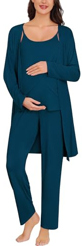 SWOMOG Maternity Pajamas Set 3 PCS Nusing Pajamas Labor and Delivery Gown & Camisole & Pants Postpartum Pjs Oxford Blue Small