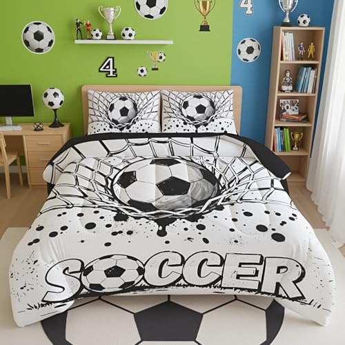 BQH Full Size Soccer Bedding Set 5-Piece – Boys Soccer Comforter with Goal Net Print, Sports Bed-in-a-Bag for Kids Room Makeover, Soft & Machine Washable, Great Gift for Boys & Teens