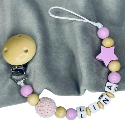 Schnullerband mit Namen für Mädchen & Jungen personalisierte Baby Geschenke Häkelperle & Stern Natur Holz Rosa