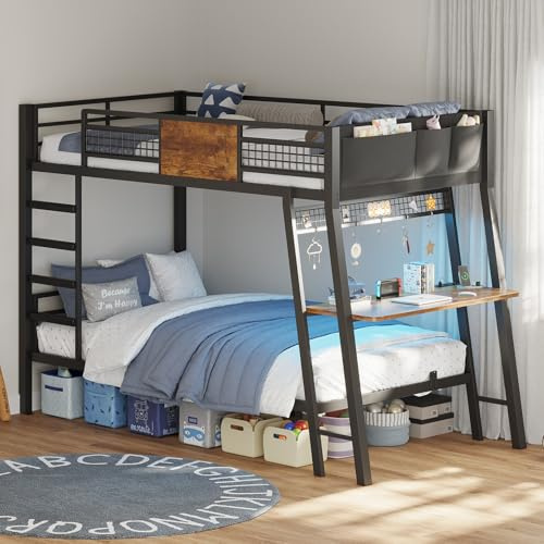 HAUOMS Bunk Bed Twin Over Twin with Desk, Power Outlets and LED Lights | 3 Storage Pockets, Heavy Metal Duty Bunk Bed, Hanging Area, Full-length Guardrail, Space-saving Bed for Dorm, Bedroom