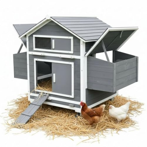 Melko Hühnerstall Hühnerhaus rollbar mit Nestboxen 157x90x114 cm Holz Grau | 4 Transportrollen, erhöhter Aufbau gegen Bodennässe, 4 Nistplätze mit Klappdeckel, herausnehmbare Reinigungsschublade
