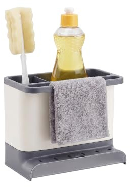 Amig - Organizador de Fregadero Noxi - 15,4 x 11,4 x 18 cm - Acero y Plástico Resistente - Color Blanco - Soporte para Esponjas, Cepillos y Detergente con Bandeja Desmontable