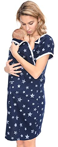 MijaCulture 3 en1 Camisón para el Parto Camisón de Maternidad & alimentación amamantamiento 4123 (42 EU/XL, Azul Marino/Estrellas)