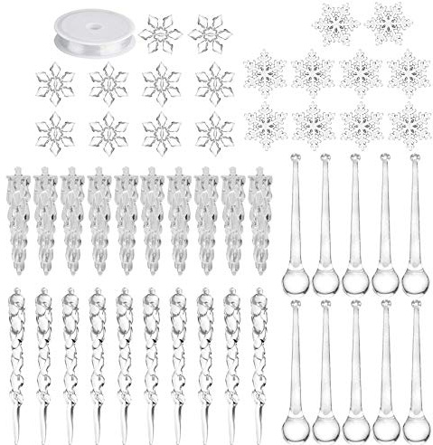 UCSAJI 50PCS Christmas Decoration Acrylic Snowflake Icicles Xmas Tree Transparent Pendant DIY Hanging Ornament Christmas Party Decoration Wedding Holiday