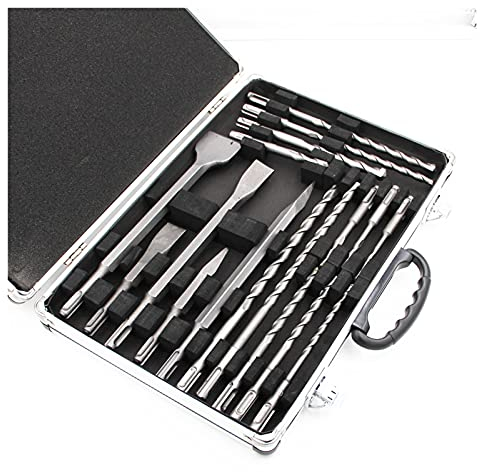 SYHML-SHOP 17 Stück SDS Plus Mauerwerk Bohrer Set Elektrischer Hammer Bohrer Punkt Meißel Flacher Meißel Aluminium Box Set Für Beton, Zubehör Drehhämmer
