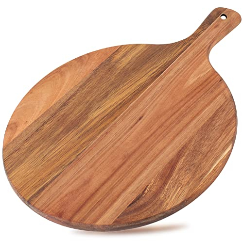 Dicunoy Acacia Wood Charcuterie Boards, 12 Round Pizza Board with Handle, Cutting Board Cheese Paddle, Wooden Chopping Board, Pizza Peel Fruit Grazing Board Tray for Bread, Vegetables, RV, Camping