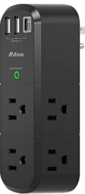 USB Outlet Extender Surge Protector - with Rotating Plug, 1800 Joules, 6 AC Multi Outlet and 3 USB Ports (1 USB C), 3-Sided Swivel Power Strip with Spaced Splitter for Home, Office, Travel