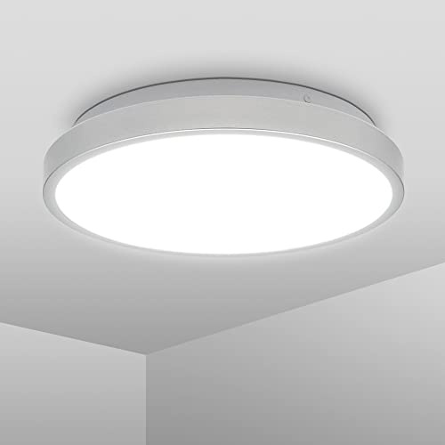 B.K.Licht - Deckenlampe für das Bad, neutralweiße Lichtfarbe, IP44, 12 Watt, 1200 Lumen, LED Deckenleuchte, Lampe, Badlampe, Badezimmerlampe, Küchenlampe, Feuchtraumleuchte, 29x7 cm, Silberfarbig