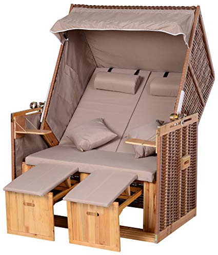 Outsunny Corbeille de Plage 2 Places - Cabine Chaise de Plage inclinable - abri Plage strandkorb - Coussins, Repose-Pieds, tablettes, Pare-Soleil - Bois résine tressée Polyester Taupe